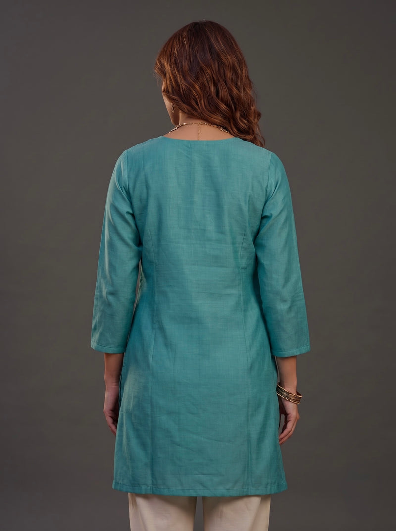 Teal Tunic with Gold and White Floral Embroidery