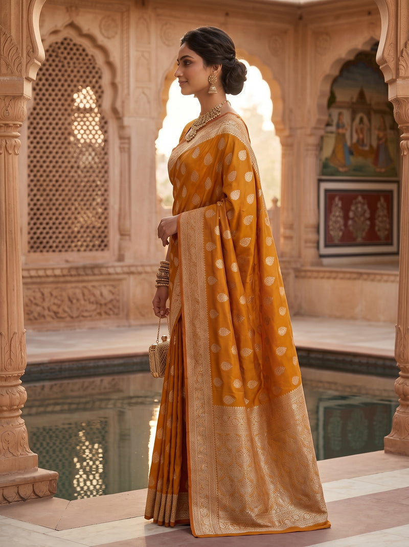 Mustard Yellow Banarasi Silk Saree with Golden Zari Butti Work, Woven Border & Traditional Designer Pallu for Women