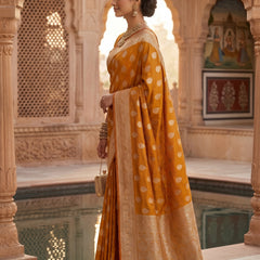 Mustard Yellow Banarasi Silk Saree with Golden Zari Butti Work, Woven Border & Traditional Designer Pallu for Women