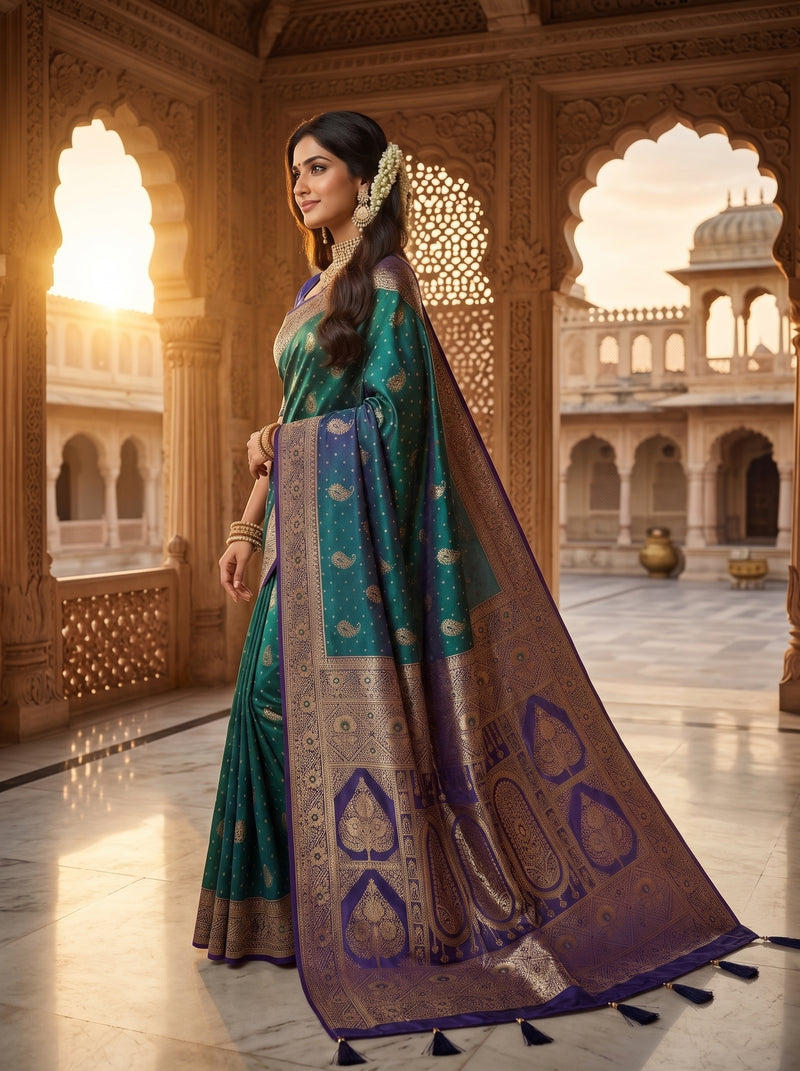 Royal Peacock Green Art Silk Banarasi Saree with Purple Contrast Border & Blouse Piece