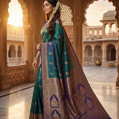 Royal Peacock Green Art Silk Banarasi Saree with Purple Contrast Border & Blouse Piece