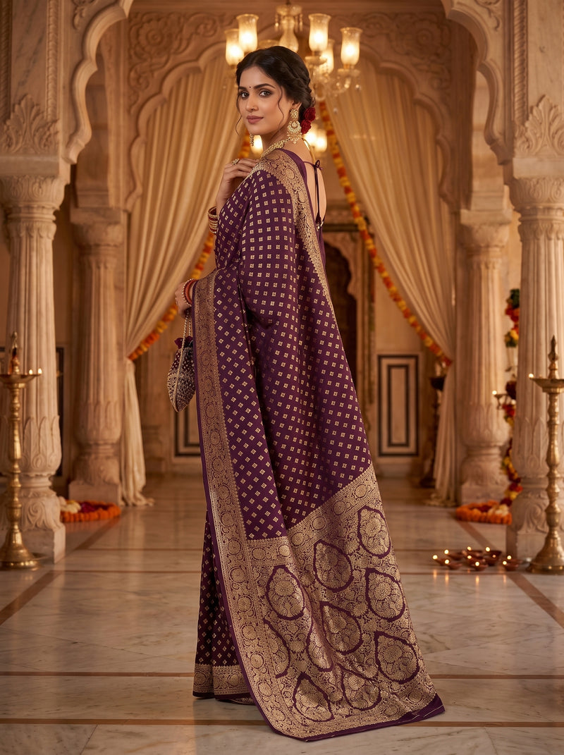Wine Purple Banarasi Silk Saree with Golden Zari Diamond Butti Work, Floral Woven Border & Rich Pallu for Women
