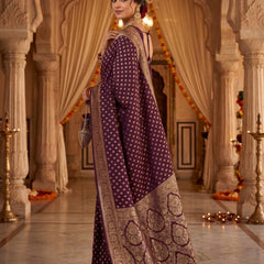 Wine Purple Banarasi Silk Saree with Golden Zari Diamond Butti Work, Floral Woven Border & Rich Pallu for Women