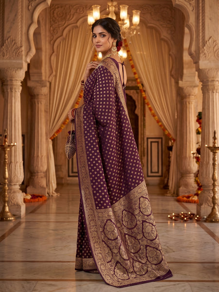 Wine Purple Banarasi Silk Saree with Golden Zari Diamond Butti Work, Floral Woven Border & Rich Pallu for Women