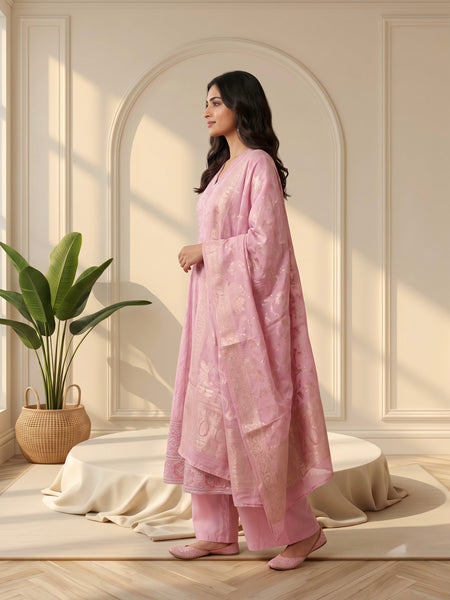 Pink Embroidered Anarkali Suit with Zari Woven Dupatta