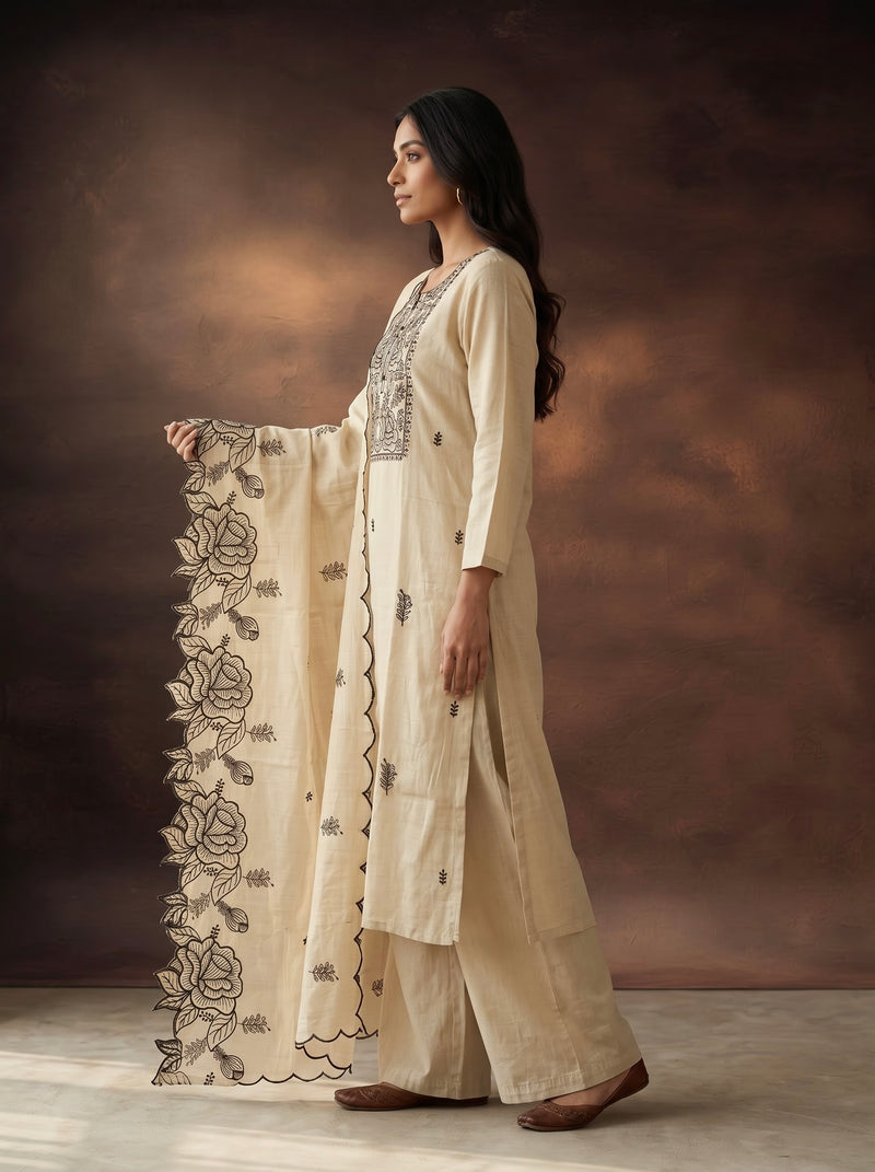 Cream Kurta Set with Black Rose Embroidery