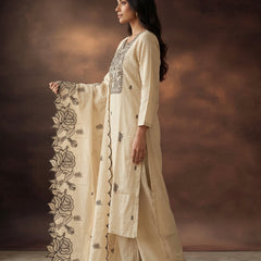 Cream Kurta Set with Black Rose Embroidery