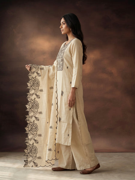 Cream Kurta Set with Black Rose Embroidery