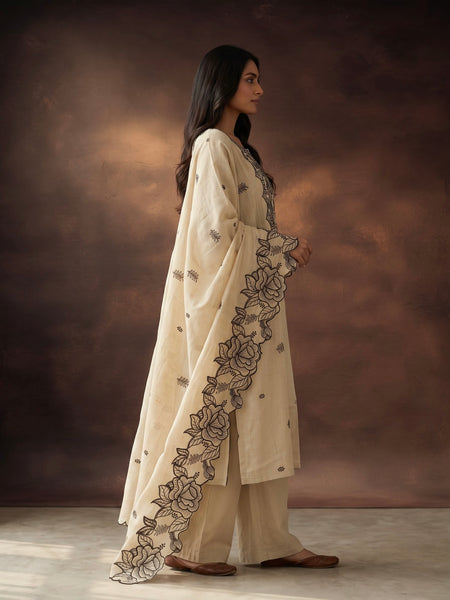 Cream Kurta Set with Black Rose Embroidery