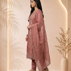 Mauve Silk Suit with Silver Zari Embroidery