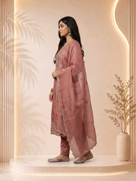 Mauve Silk Suit with Silver Zari Embroidery