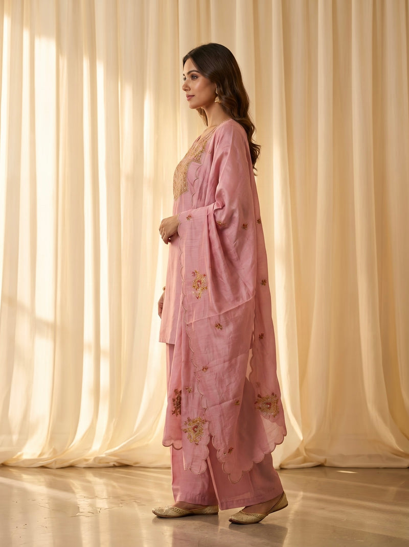 Pink Silk Kurta Set with Gold Embroidery