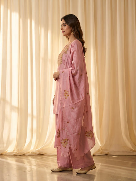 Pink Silk Kurta Set with Gold Embroidery
