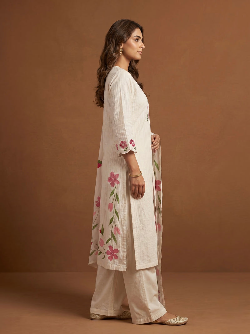 Off-White Cotton Kurta with Floral Dupatta