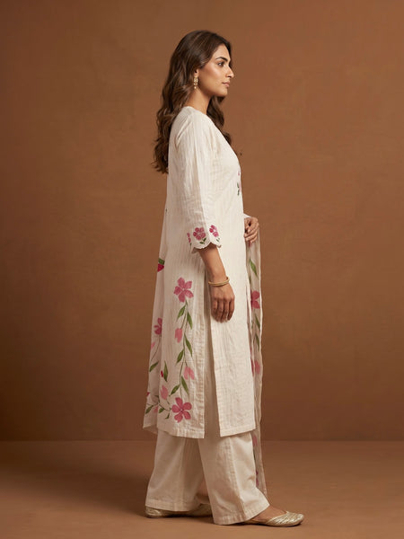 Off-White Cotton Kurta with Floral Dupatta