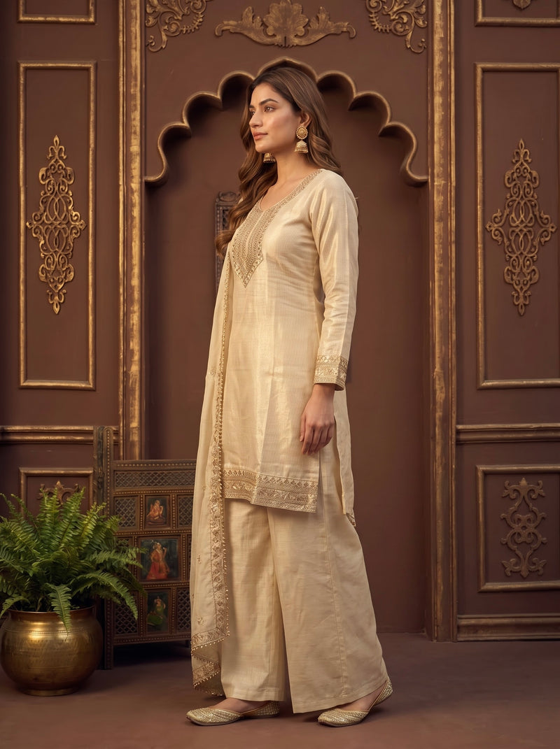 OffWhite Cream Zari-Embroidered Kurta with Dupatta