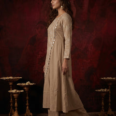 Beige Floral Embroidered Kurta with Mirror-Work Trim