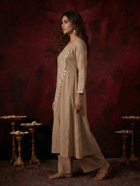 Beige Floral Embroidered Kurta with Mirror-Work Trim