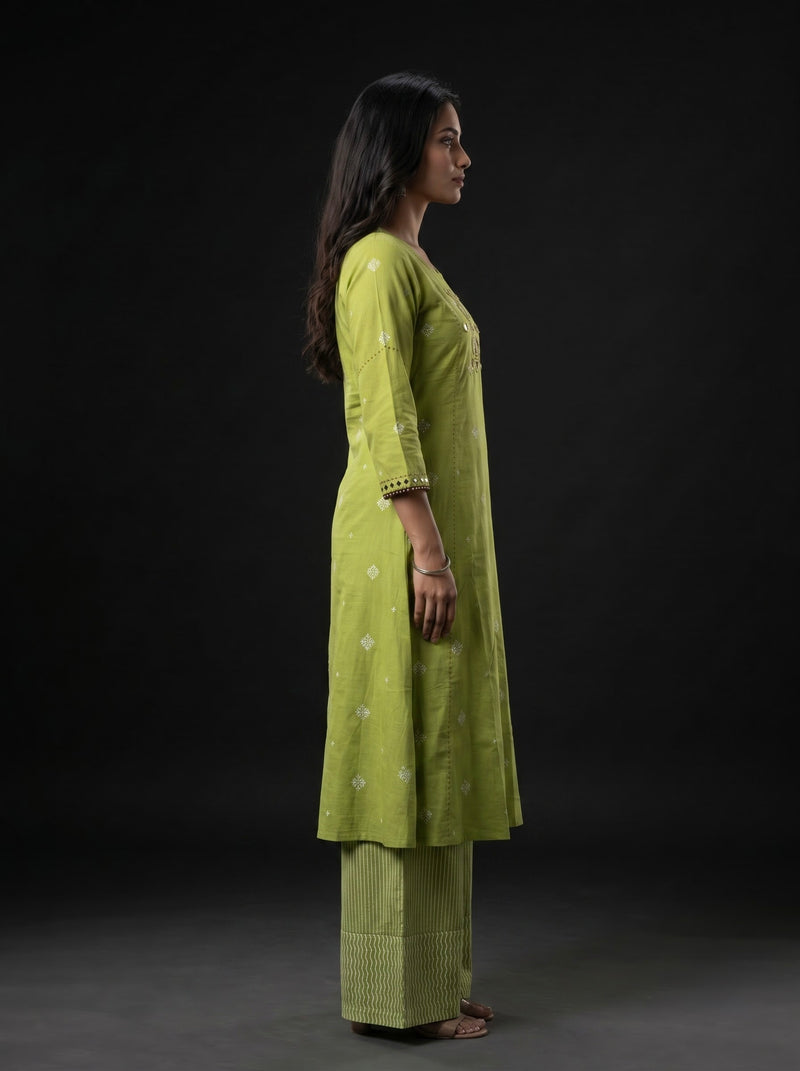 Lime Green Mirror-Work Kurta with Striped Palazzo