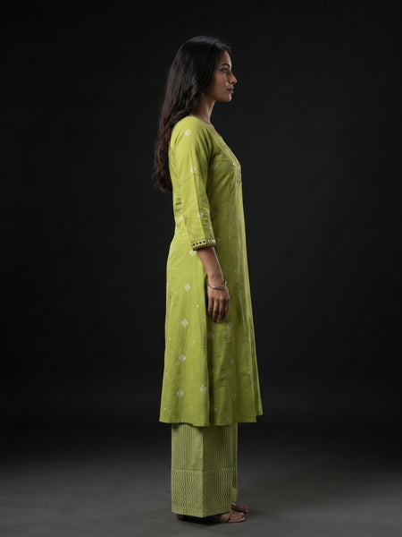 Lime Green Mirror-Work Kurta with Striped Palazzo