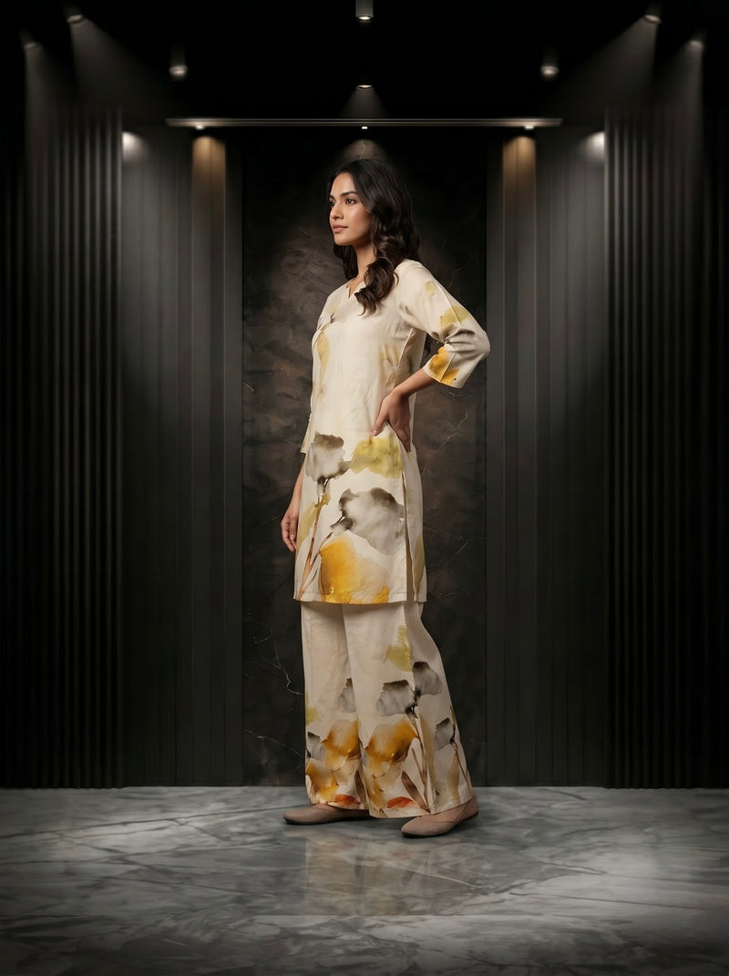 Cream Watercolor Floral Print Co-ord Set
