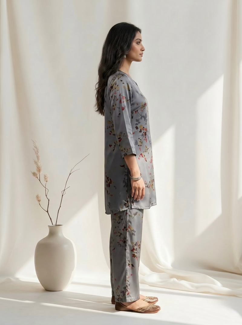 Grey Watercolor Floral Print Co-ord Set