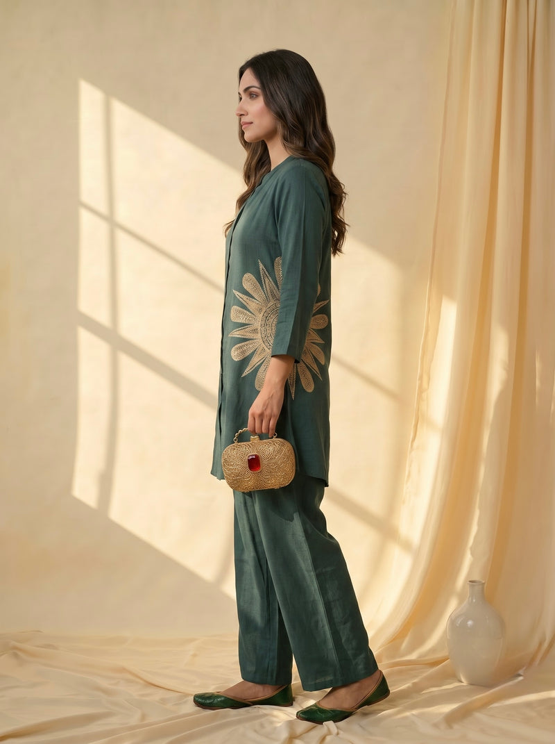 Forest Green Linen Co-ord Set with Gold Sunburst Embroidery