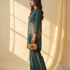 Forest Green Linen Co-ord Set with Gold Sunburst Embroidery