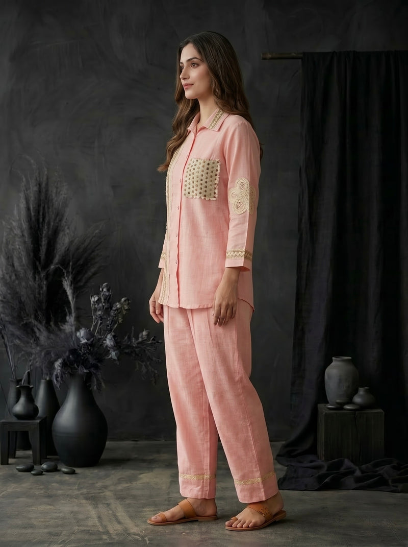 Blush Pink Shirt Co-ord Set with Lace Trim