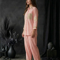 Blush Pink Shirt Co-ord Set with Lace Trim