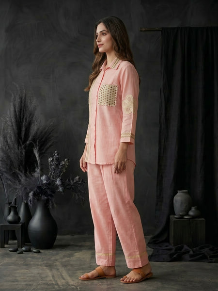 Blush Pink Shirt Co-ord Set with Lace Trim