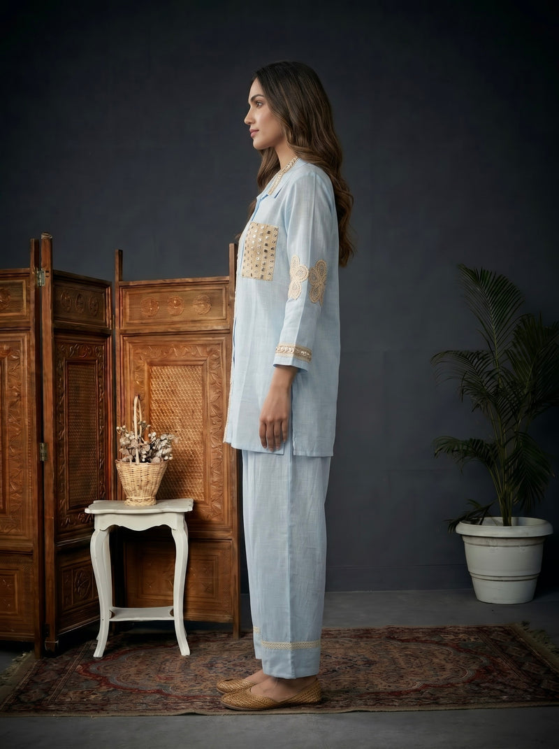 Blush blue Shirt Co-ord Set with Lace Trim