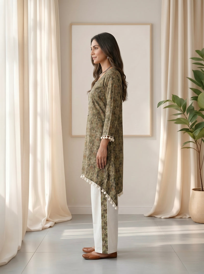 Olive Green Printed Tunic with Pom-Pom Trim