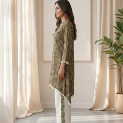 Olive Green Printed Tunic with Pom-Pom Trim