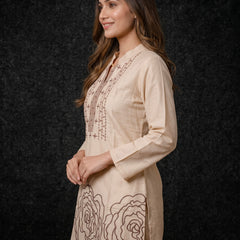 Beige Kurta with Brown Embroidered Yoke and Rose Motifs
