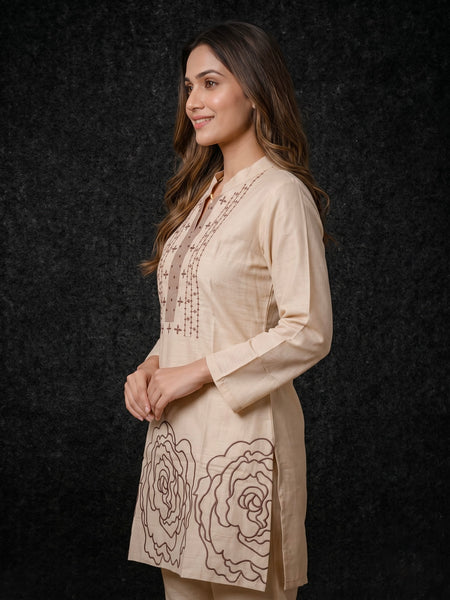 Beige Kurta with Brown Embroidered Yoke and Rose Motifs