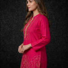 Magenta Kurta with Gold Sequin Yoke and Rose Embroidery