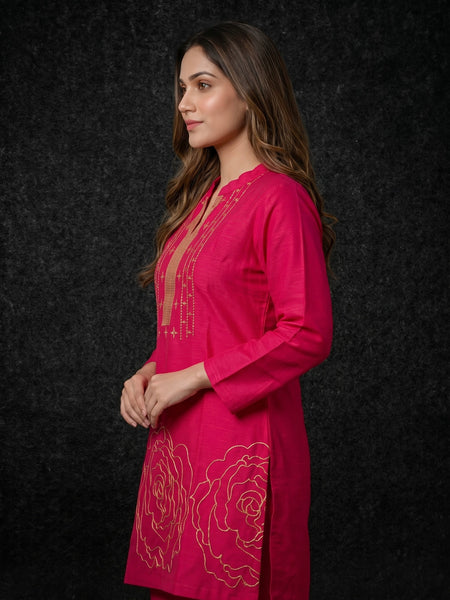 Magenta Kurta with Gold Sequin Yoke and Rose Embroidery