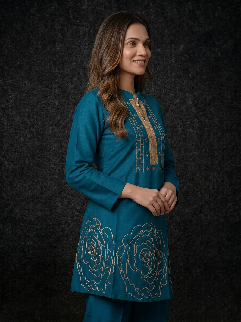 Teal Kurta with Gold Sequin Yoke and Rose Embroidery