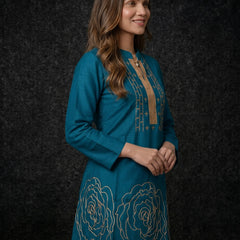 Teal Kurta with Gold Sequin Yoke and Rose Embroidery