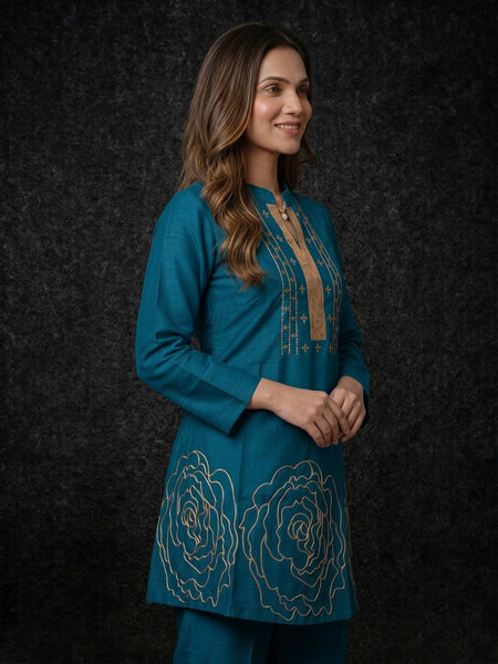 Teal Kurta with Gold Sequin Yoke and Rose Embroidery