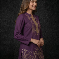 Deep Purple Kurta with Gold Sequin Yoke and Rose Embroidery