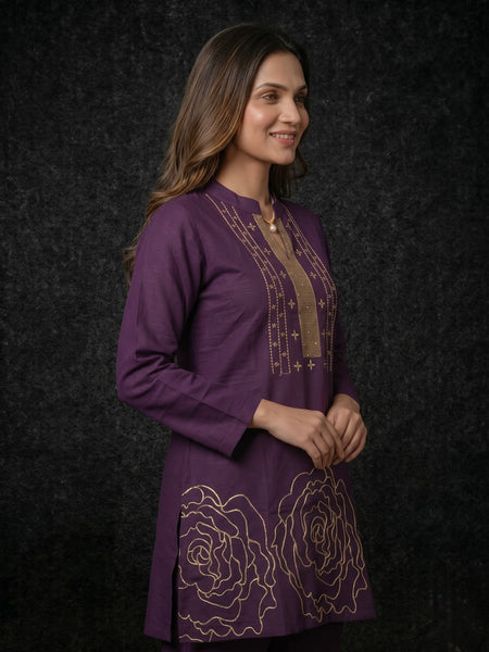 Deep Purple Kurta with Gold Sequin Yoke and Rose Embroidery