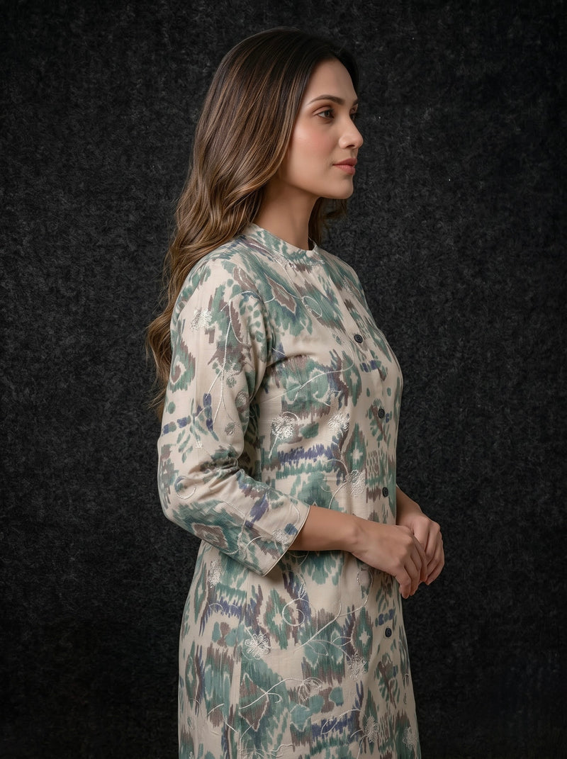 Ikat Print Button-Down Tunic with Embroidery
