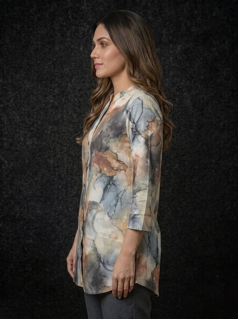 Marble Print Button-Down Tunic