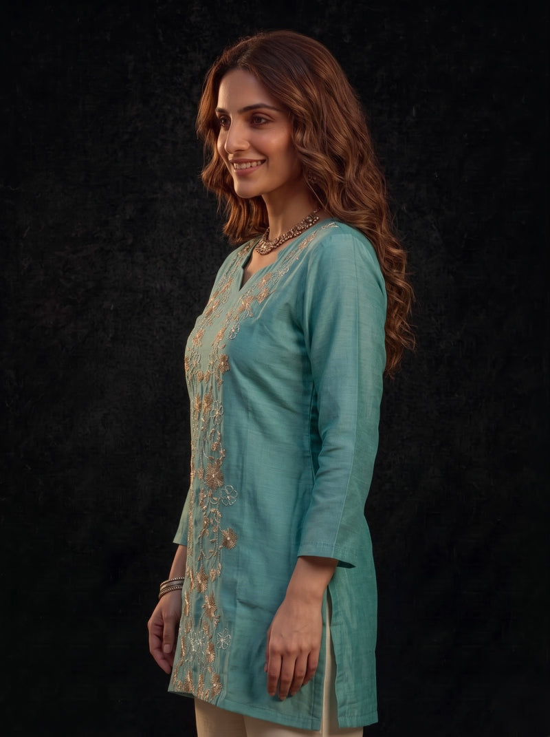 Teal Tunic with Gold and White Floral Embroidery