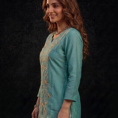 Teal Tunic with Gold and White Floral Embroidery