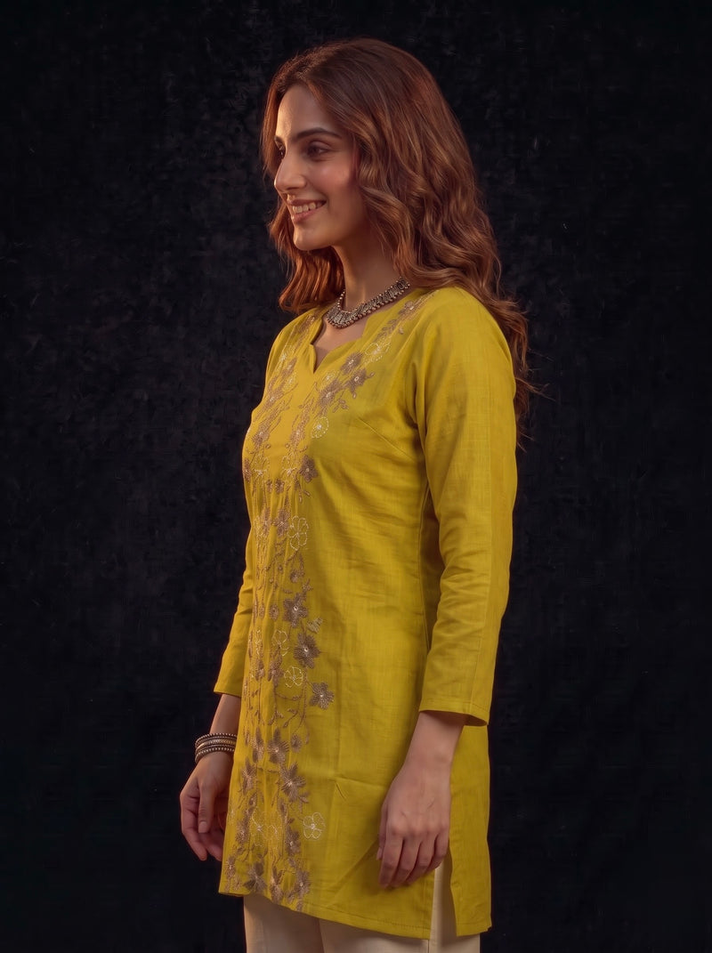 Mustard Tunic with Grey Floral Embroidery