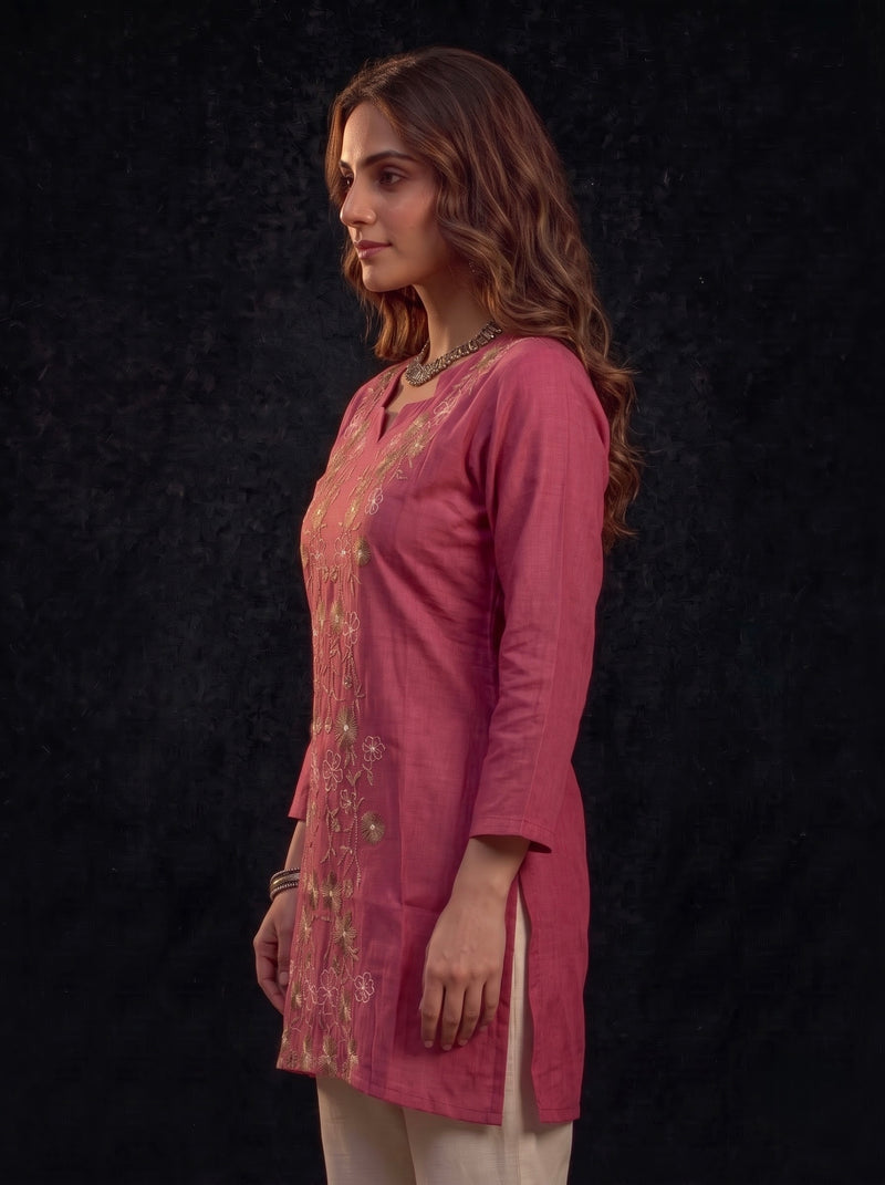 Rose Pink Tunic with Gold and White Floral Embroidery