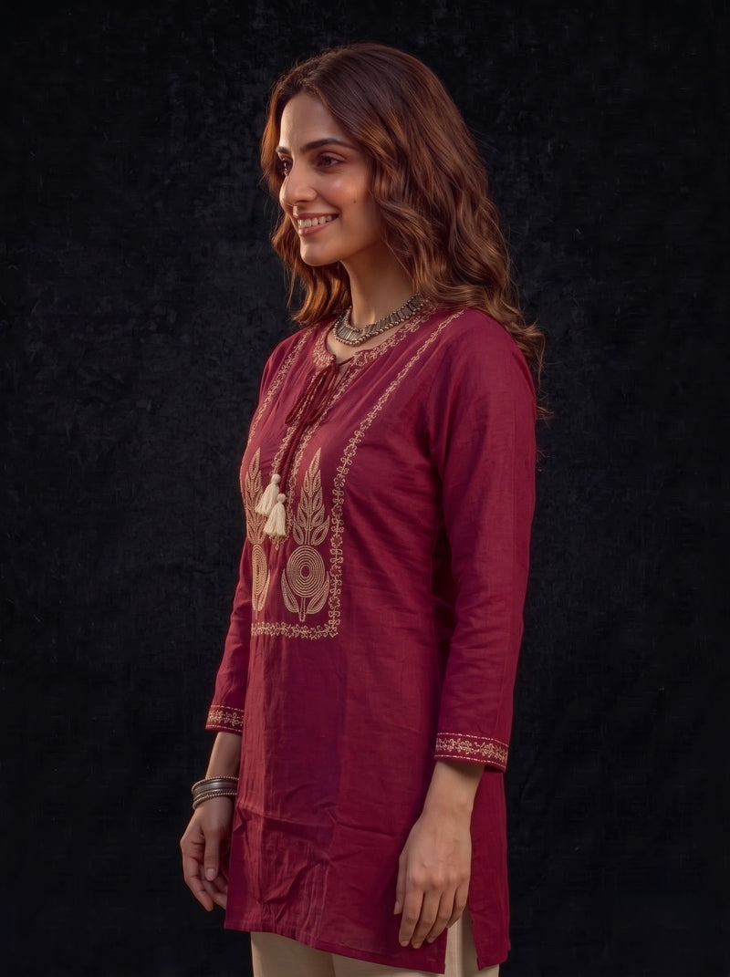 Maroon Kurta with Gold Embroidery and Tassel Tie